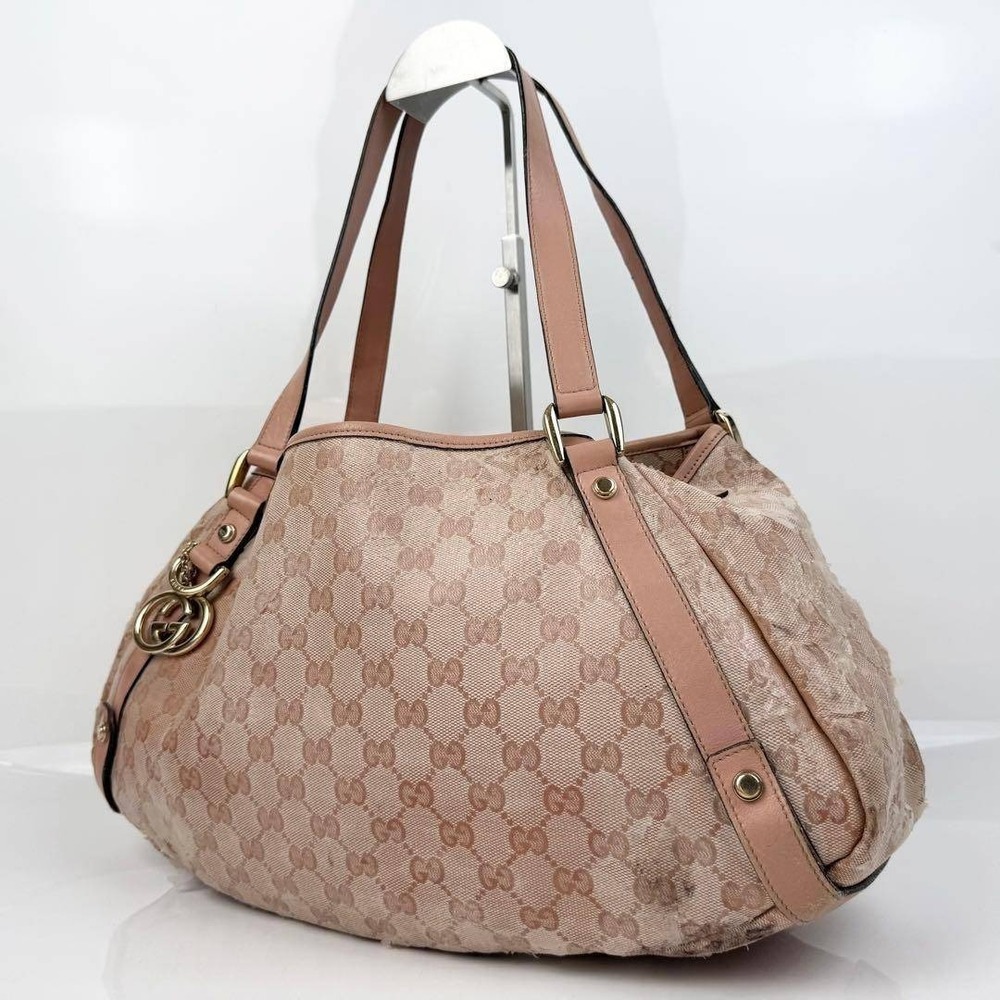 GUCCI Abbey GG Crystal Tote Handbag Hobo Bag Canvas Leather Pink Beige